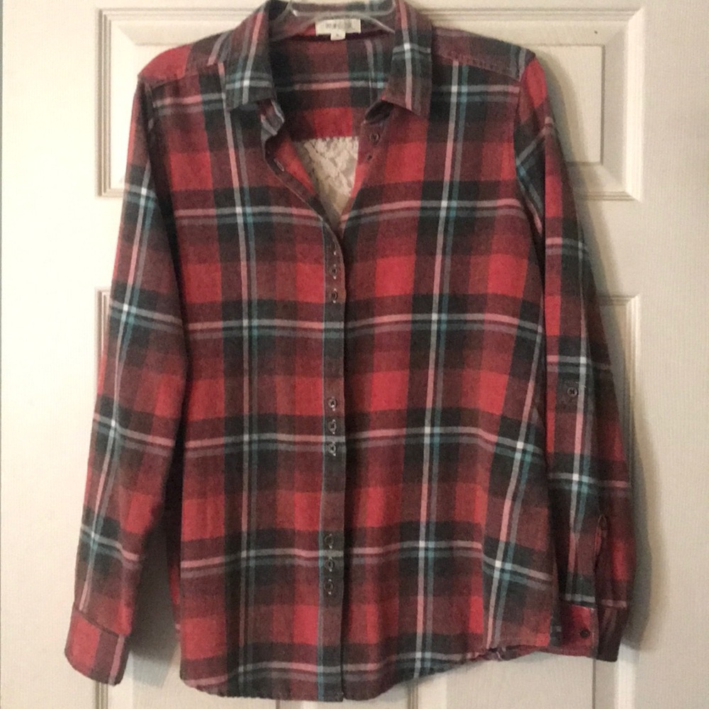 Red flannel shirt with lace insert in the back